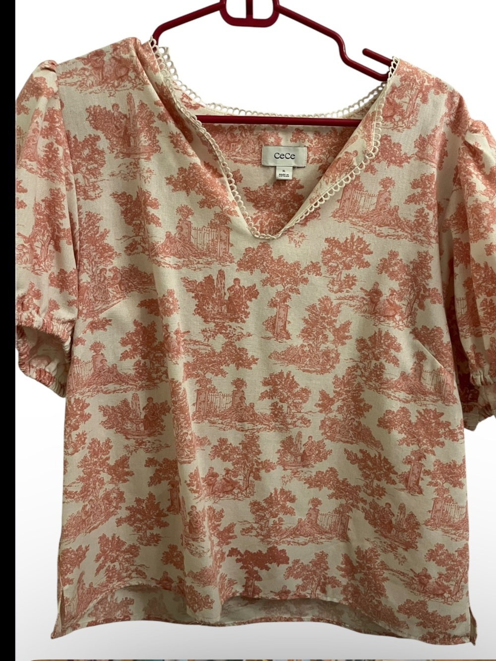 CeCe Cream and Coral Toile V-Neck Top